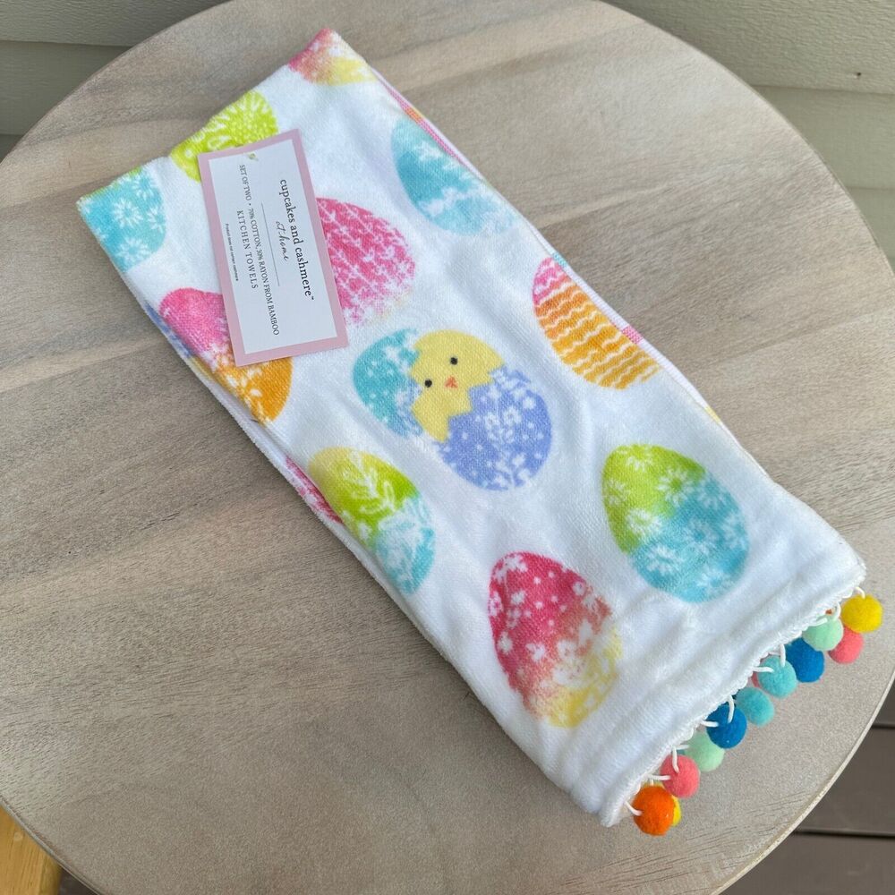 Cupcakes and Cashmere Rainbow Easter Eggs Chicks Kitchen Towel Set New Pom Poms